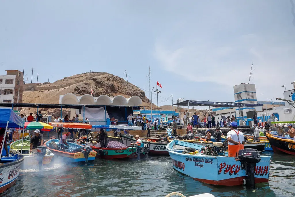 Painted wooden fishing boats crowd the Pucusana waterfront, with people on the pier and a brown rocky hill behind