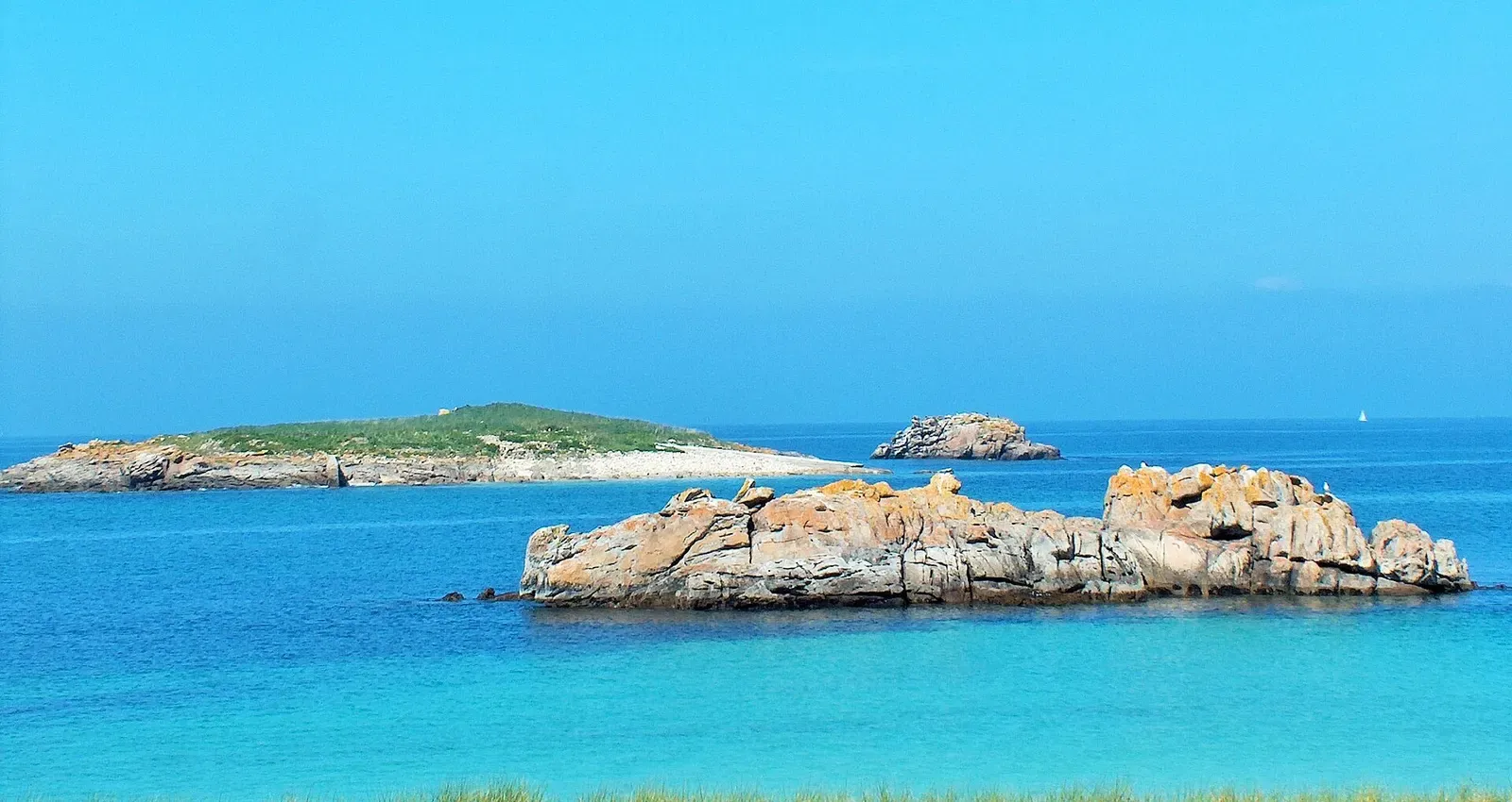 A low grassy islet, a lone rock stack and a long orange-lichened granite reef in bright turquoise water — Glénan Archipelago