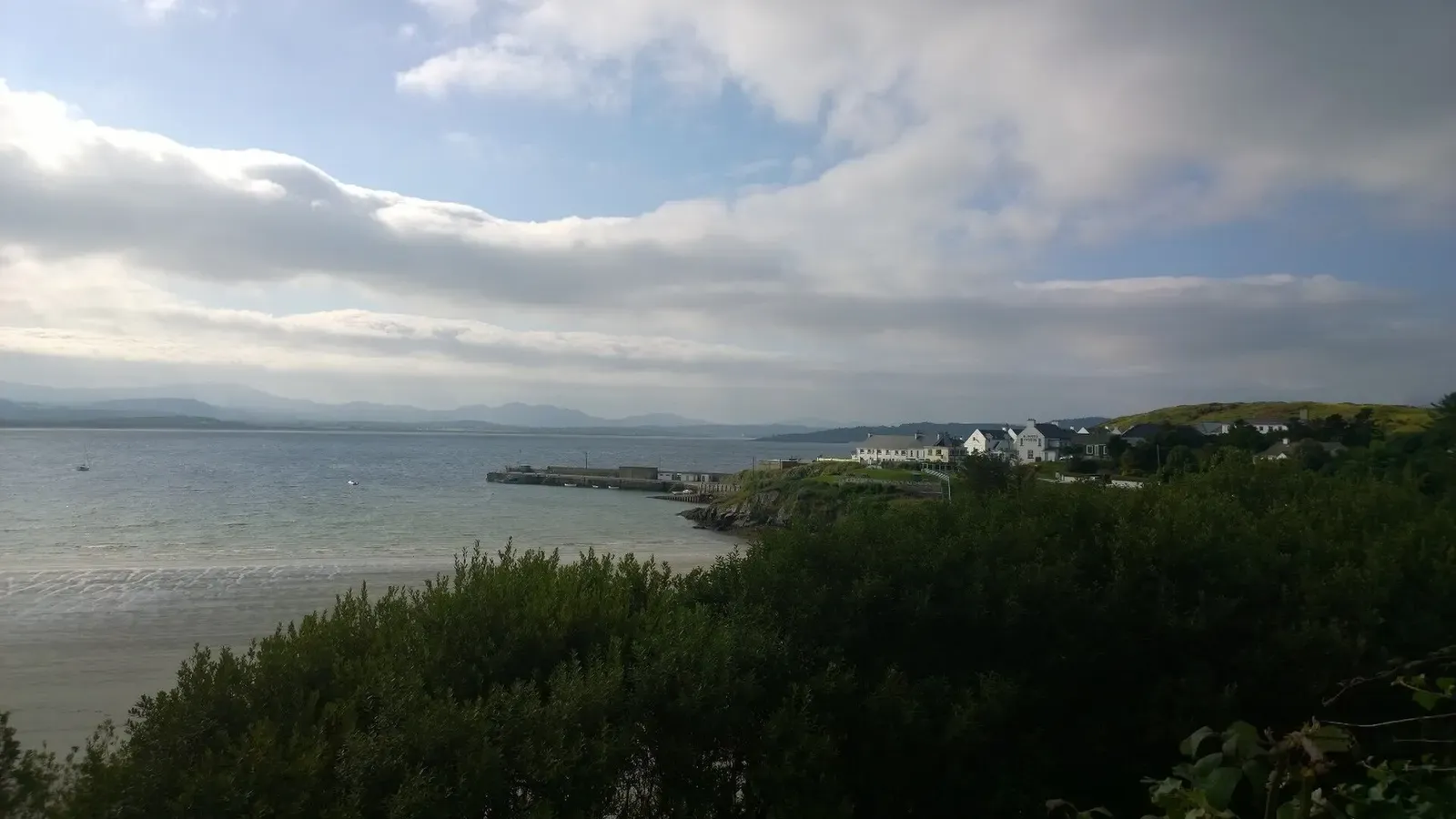 Green headland and low shrubs above a calm grey bay, with white houses on the far shore under broken cloud — Donegal Coast