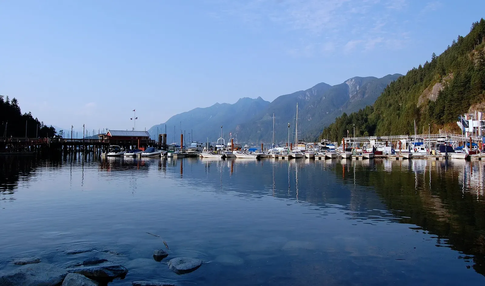 Calm water reflecting a marina of moored boats below a forested hillside and distant mountains — Horseshoe Bay & Howe Sound