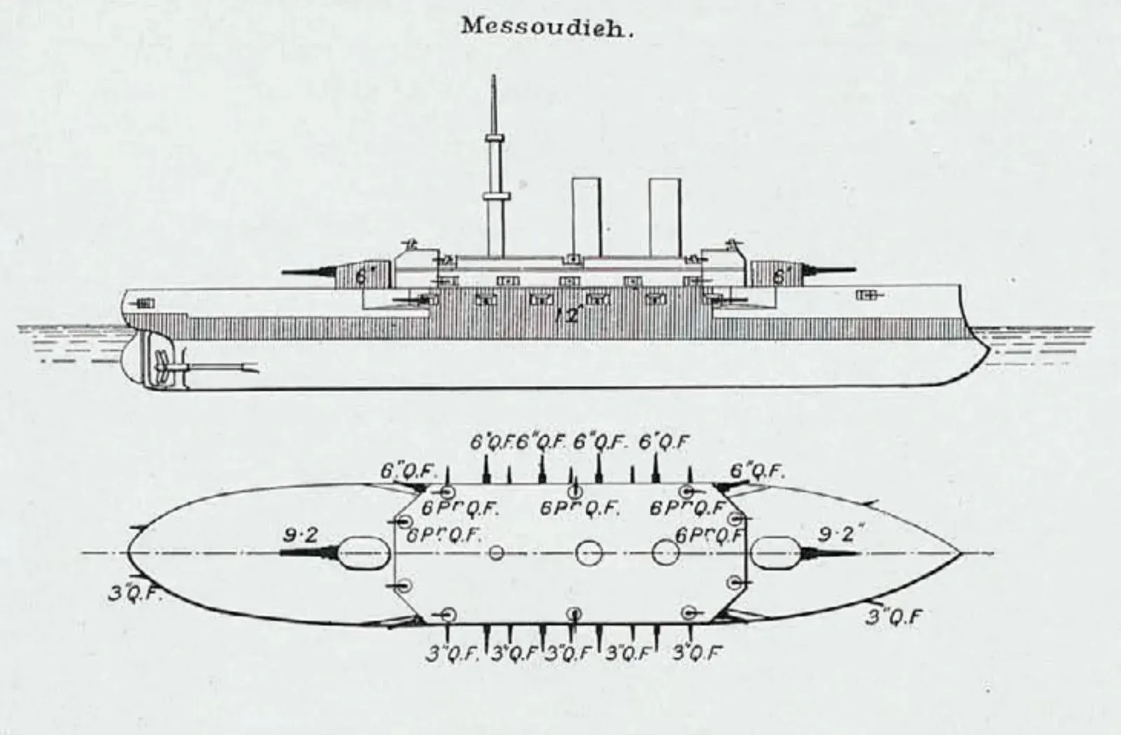Line drawings of the Ottoman battleship Mesudiye in profile and plan from Brassey’s Naval Annual 1903, showing gun positions — Gallipoli.