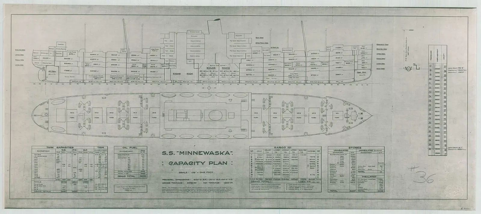 Original capacity plan drawing of the troopship SS Minnewaska showing deck layout and hold volumes — Crete