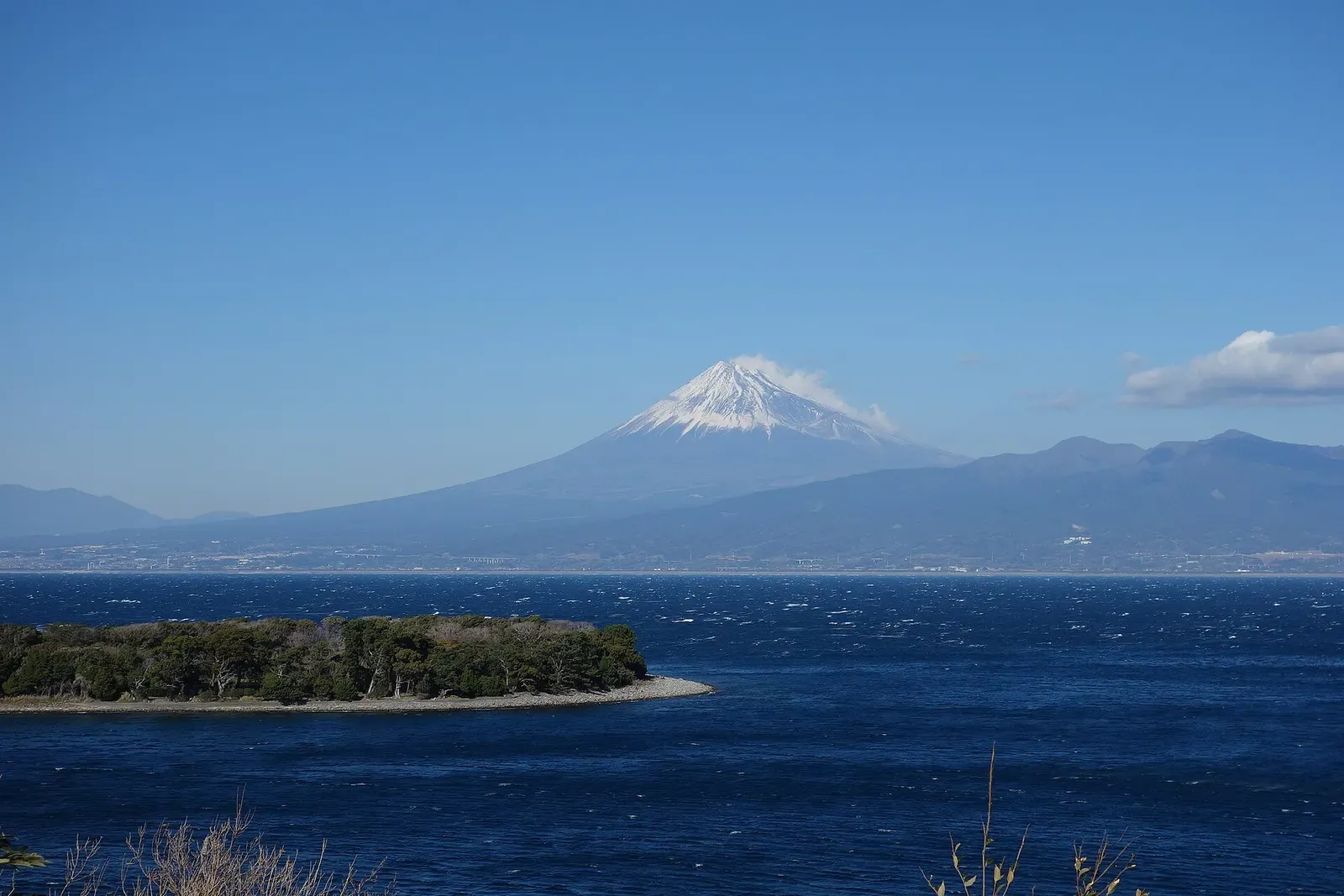Wooded spit of Cape Ose reaching into Suruga Bay with Mount Fuji rising beyond — Izu Peninsula