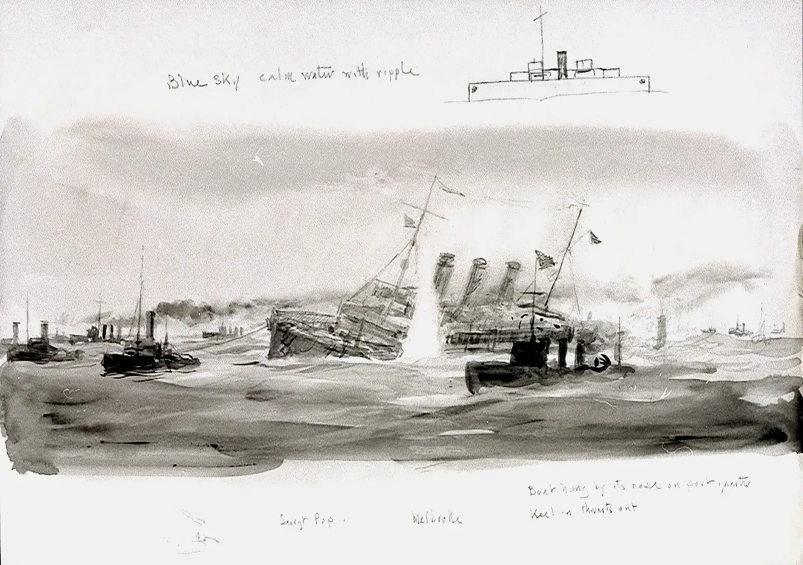 Artist's annotated sketch of Justicia settling by the stern under tow, escorting ships and tugs standing by — SS Justicia, Malin Head.