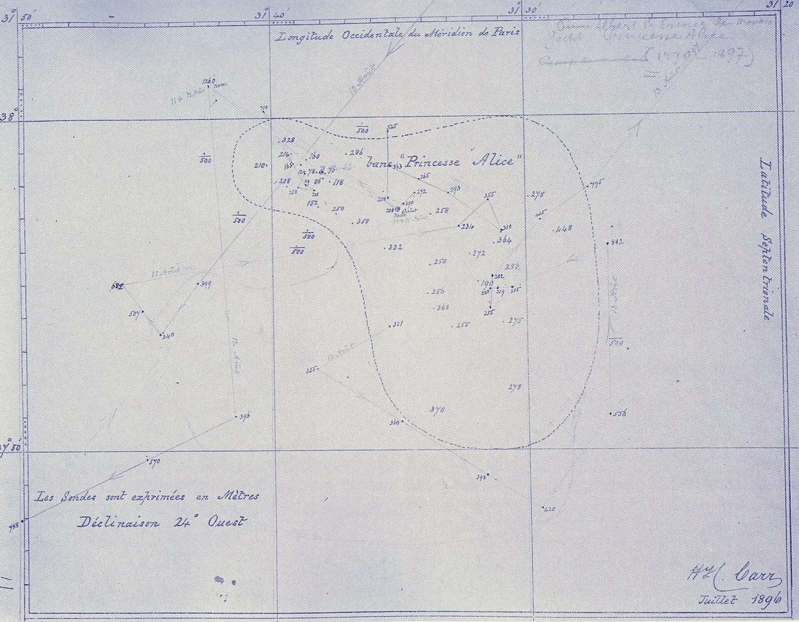 Historical bathymetric chart of Princess Alice Bank showing depth soundings — Azores