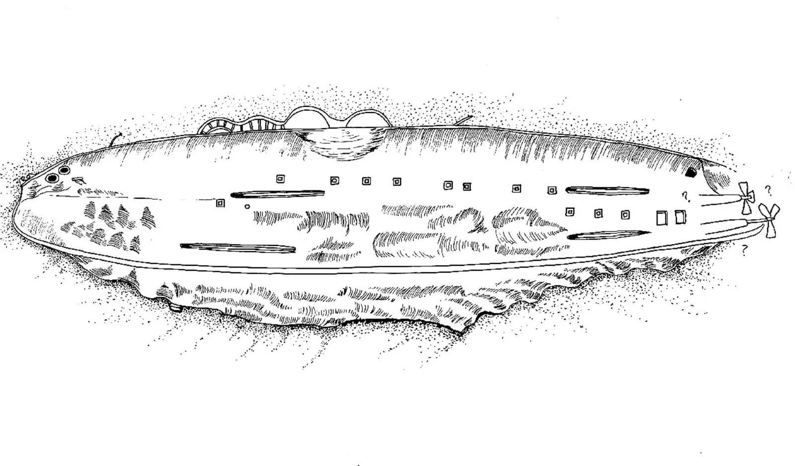 Line diagram of the capsized USS Arkansas hull sketched by NPS divers — Bikini Atoll