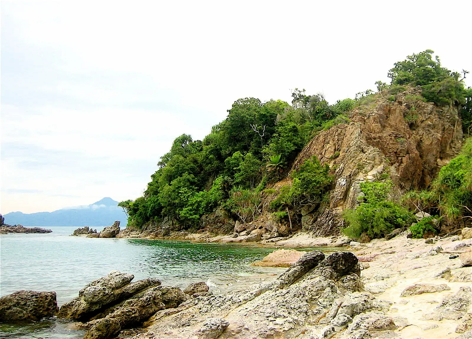 A rocky cove with green water below a tree-covered granite headland, with hills on the horizon — Sibu & Tinggi Islands