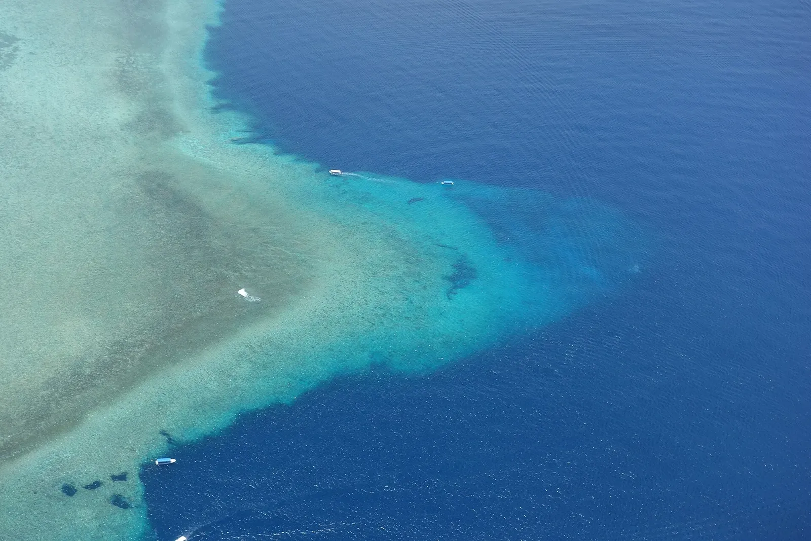 Aerial view of the triangular reef promontory jutting from Palau's barrier reef — Blue Corner.