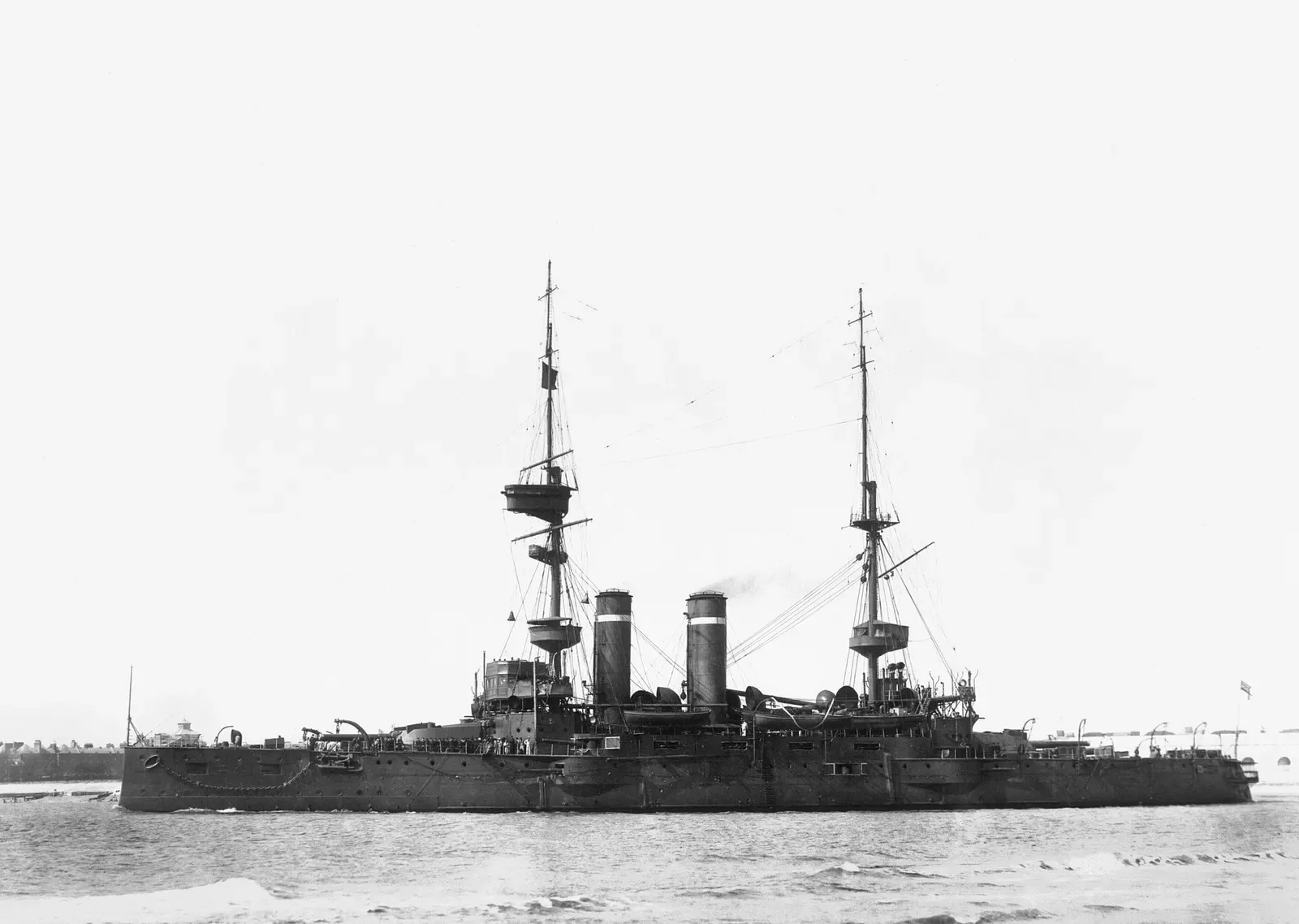 A pre-war photograph of the Formidable-class battleship HMS Irresistible at anchor — Gallipoli.