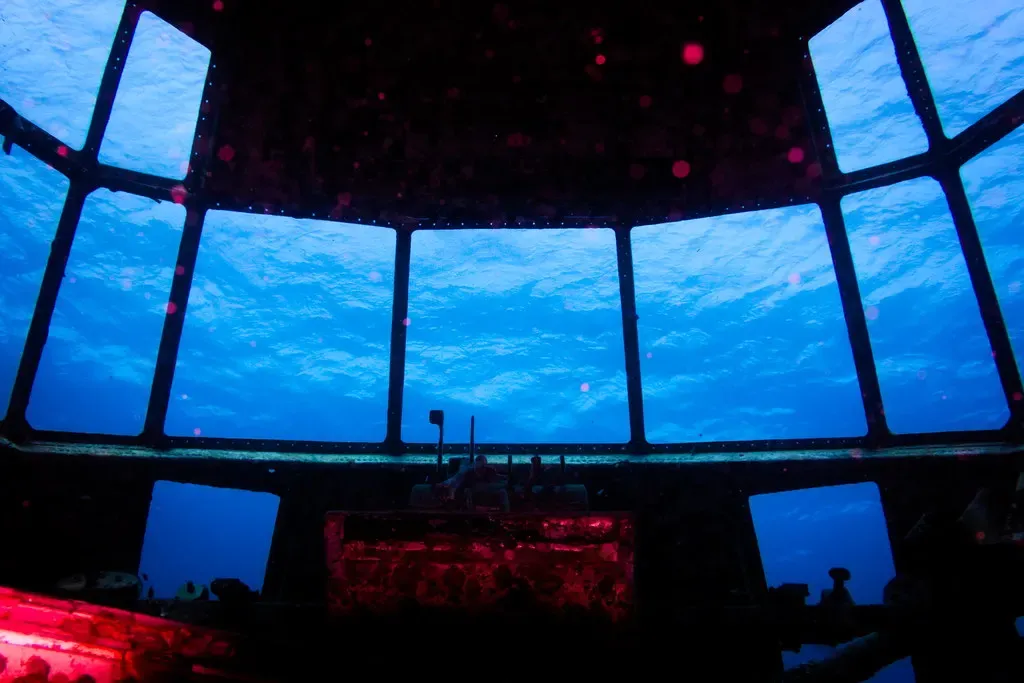 Sunlight filters through the cockpit windows of the sunken C-130 Hercules fuselage — C-130 Hercules Wreck, Aqaba.