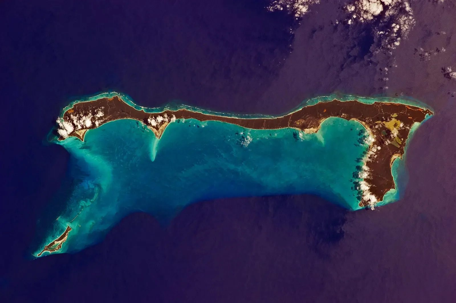 Astronaut photograph of Cat Island with its shallow turquoise platform giving way to deep blue ocean