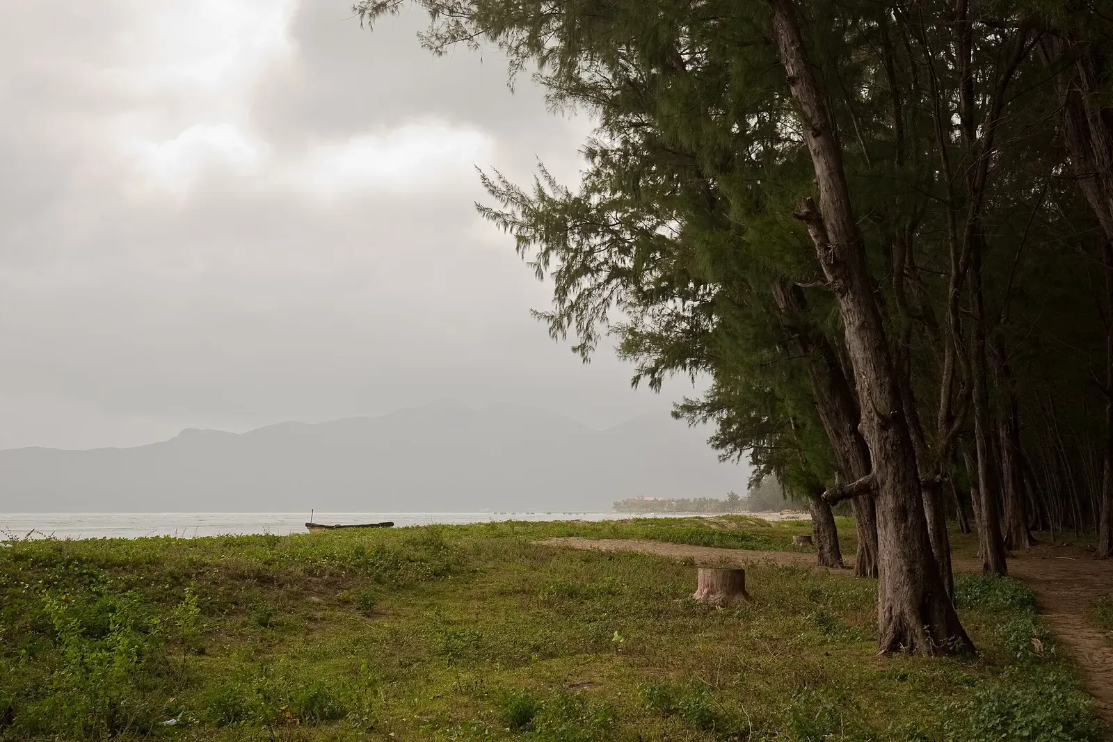 Small fishing boat resting on a quiet beach edged by pine trees in Con Dao National Park — Côn Đảo.