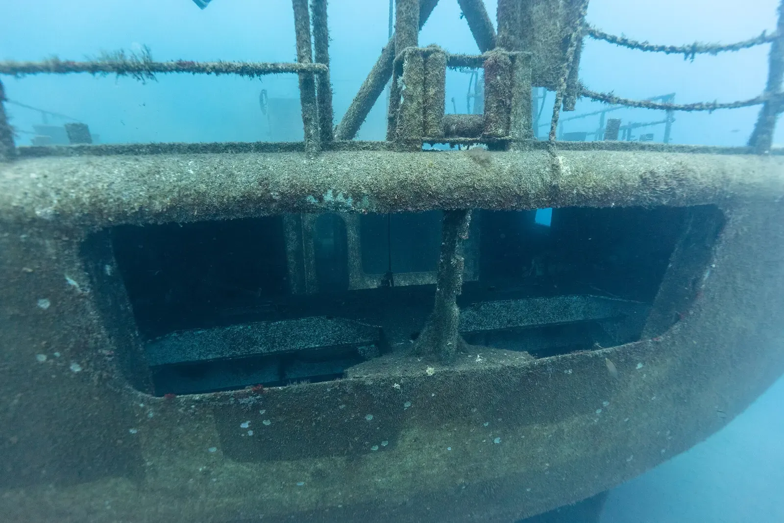 Two divers swimming over the bow deck of the wreck with mooring bollards and open hatches — Wreck of the NRP Afonso Cerqueira, Madeira