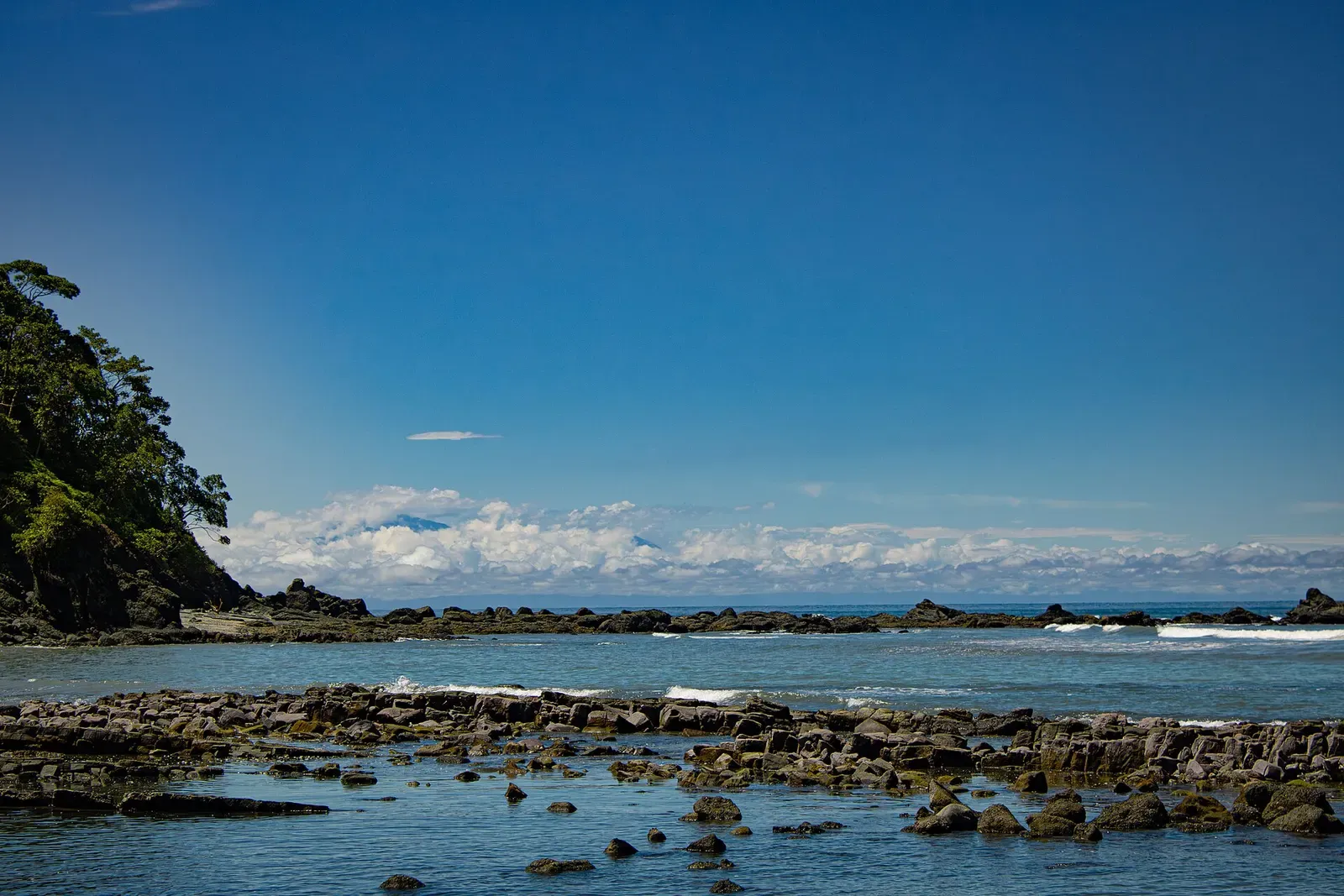 Volcanic rock shelves washed by low tide along Gorgona's rocky coastline — Gorgona Island.