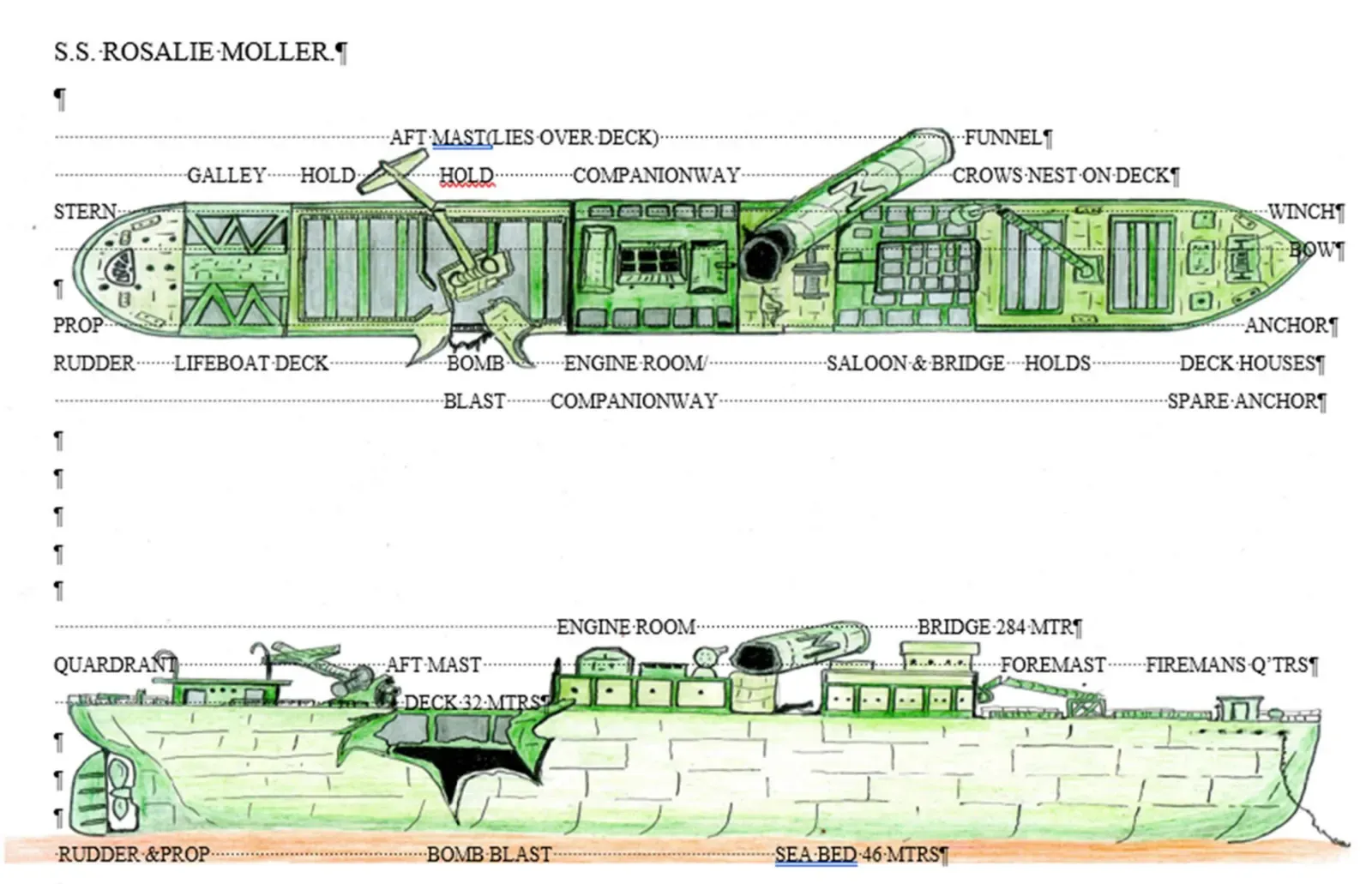Labeled hand-drawn diagram of the SS Rosalie Moller wreck showing holds, engine room, bridge and seabed depth — Abu Nuhas.