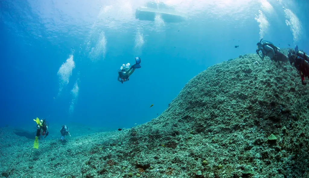 A diver hovers over a sloping reef wall in green-tinted water — Blue Hole, Guam
