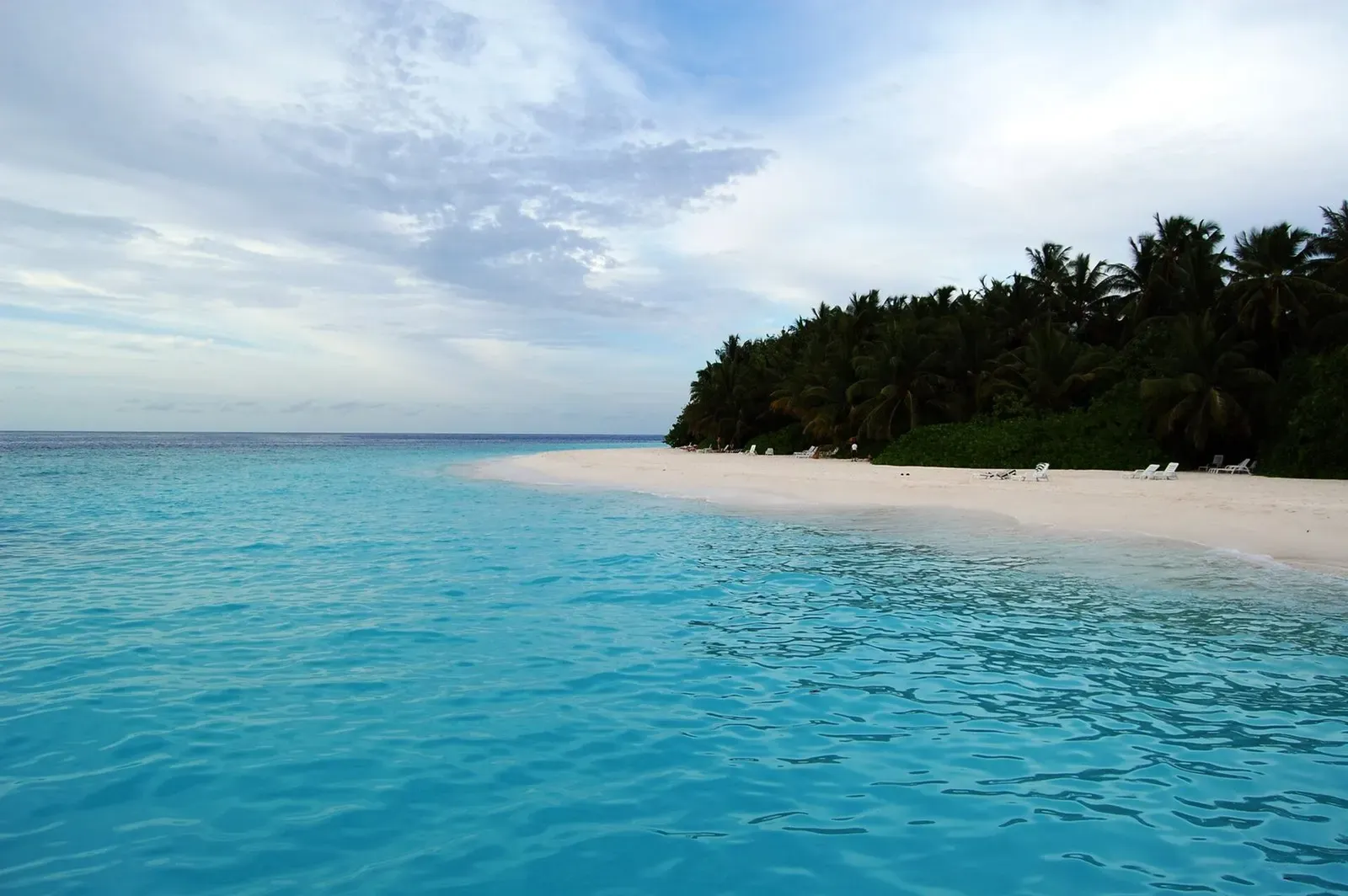 A sandy point on Fihalhohi island fringed by shallow turquoise water