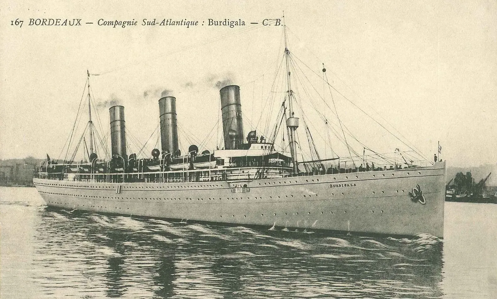 Sepia postcard photograph of the three-funnelled liner SS Burdigala steaming through calm water, her name visible on the bow.