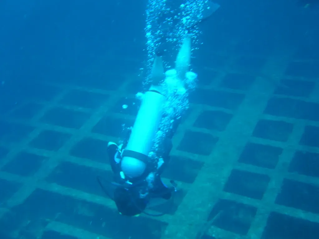 Diver descending onto the deck of the Halliburton wreck — Utila