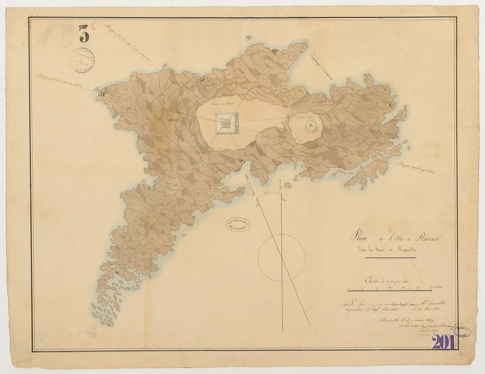 Historical hand-drawn survey plan of the Île de Planier, dated 1823-1829 — Le Planier, Marseille