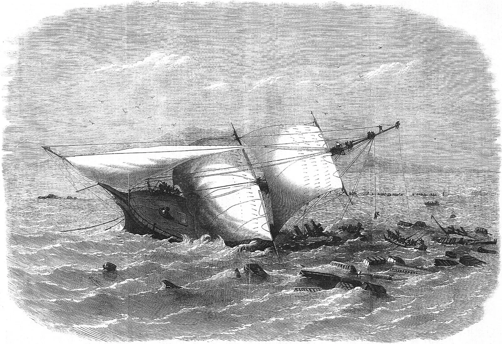 19th-century engraving of the steamer Carnatic listing under sail with lifeboats alongside as it sinks — Abu Nuhas.