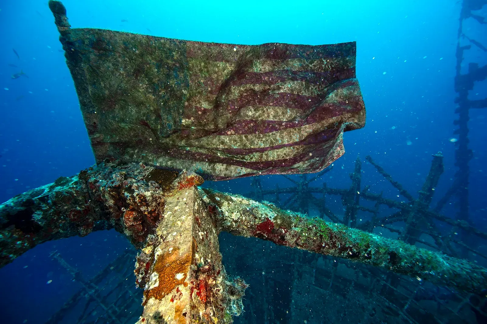 US flag mounted on the wreck's mast rigging underwater