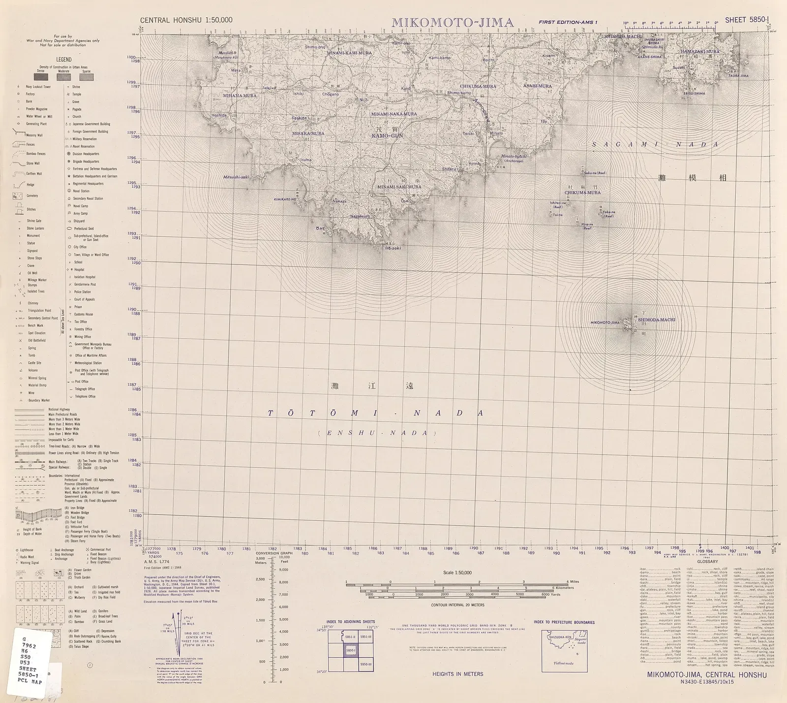1944 US Army 1:50,000 topographic map showing Mikomoto-jima off the southern Izu Peninsula — Mikomoto-shima