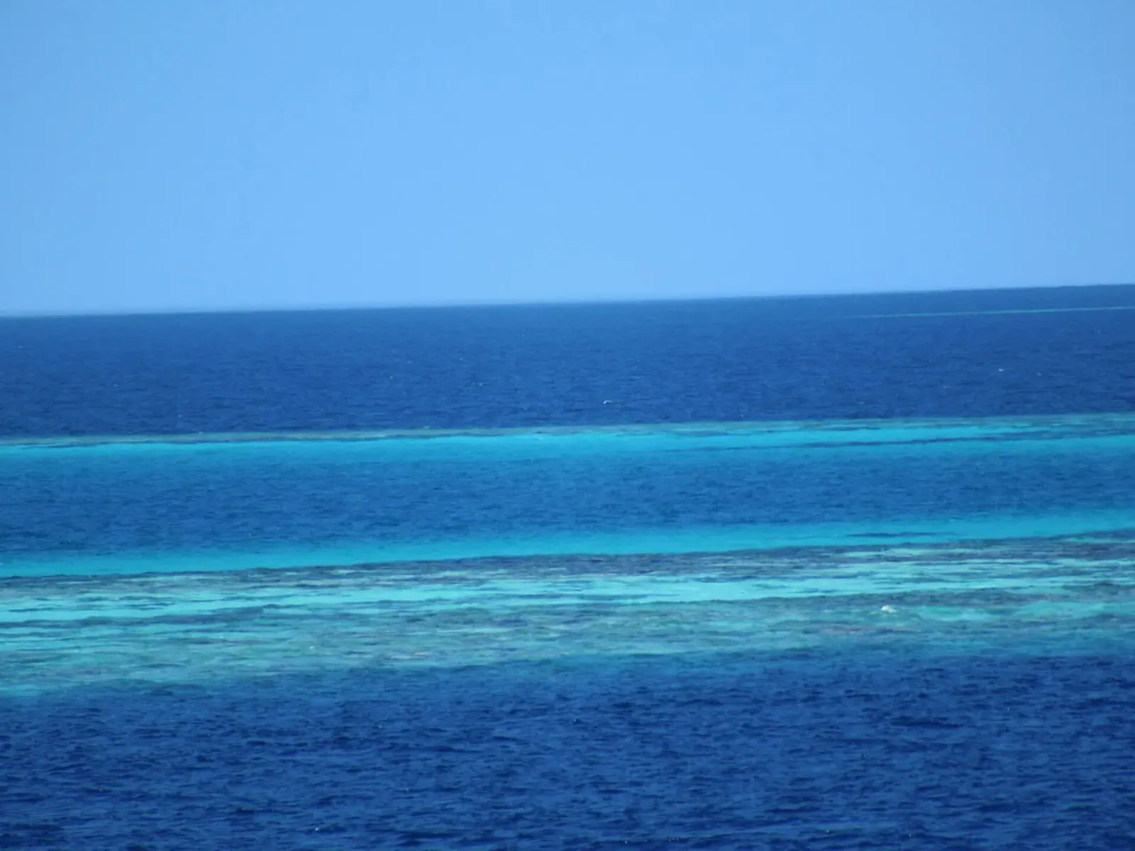 Turquoise reef line cutting across the deep blue water of Meemu Atoll's central lagoon