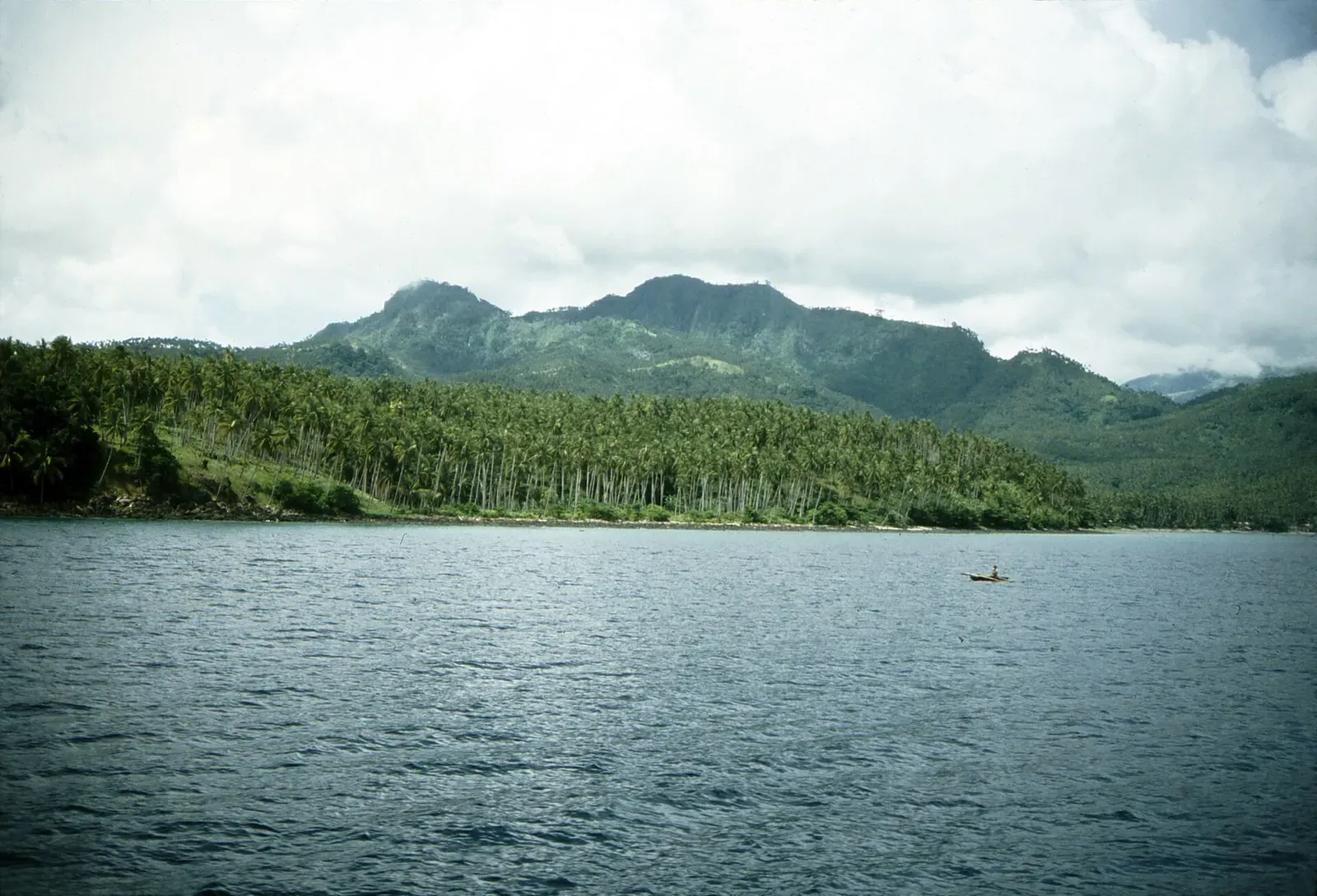 Palm-fringed Camiguin shoreline with the extinct volcano Mount Butay across calm water
