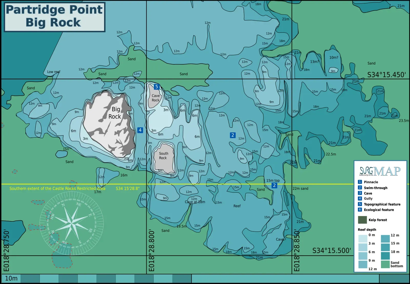 Diagram of the Partridge Point reef complex with depth contours around Big Rock, Cave Rock and South Rock — Cape Town