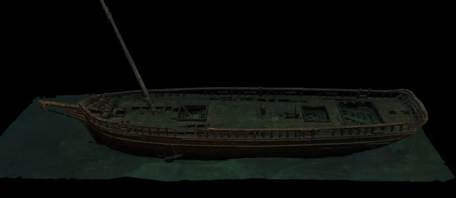 Dark 3D model render of a wooden schooner hull resting on the lake bed — Northerner, Milwaukee & Port Washington