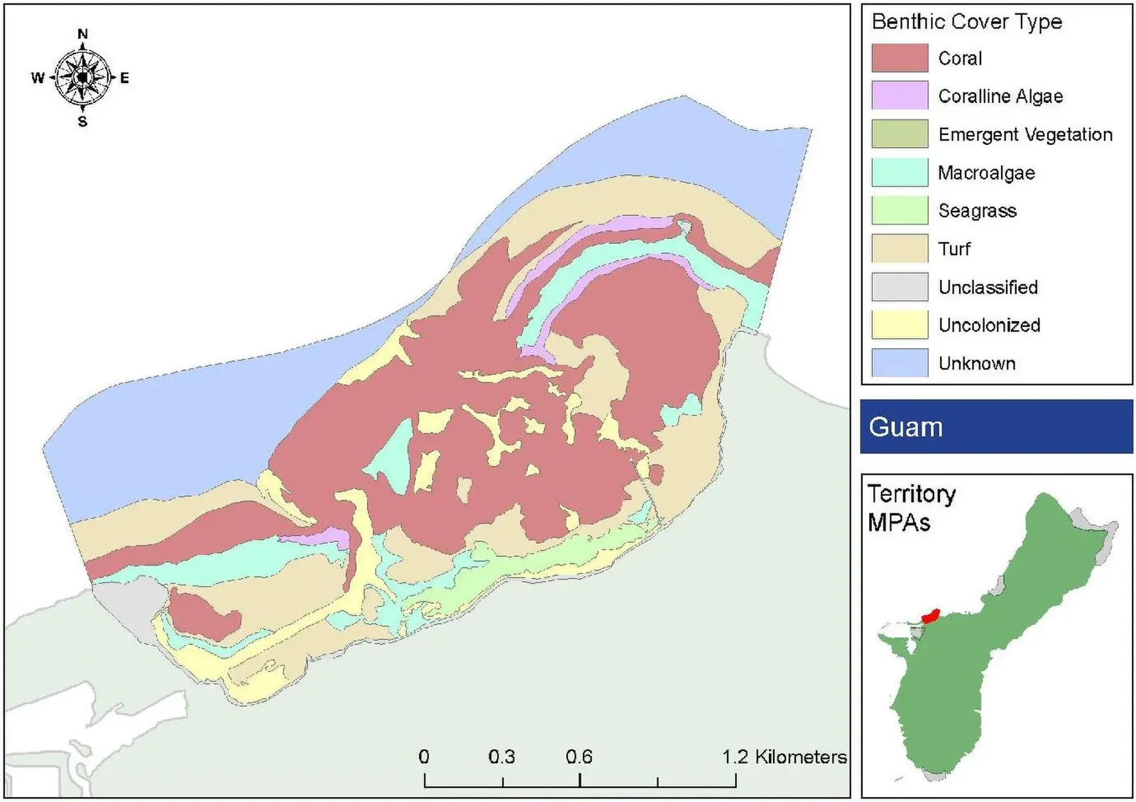 Benthic habitat map of Piti Bay showing coral, algae and turf cover with a Guam location inset — Piti Bomb Holes