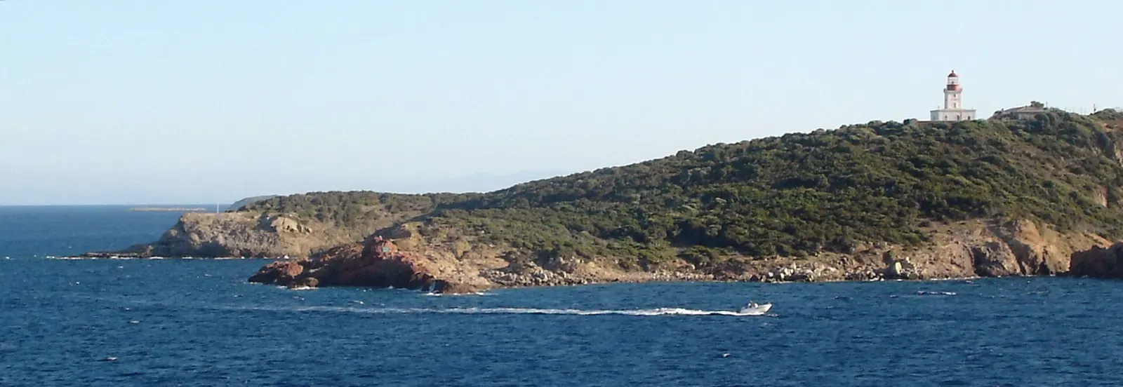 The wooded Chiappa headland seen from the sea, with a boat's wake crossing the water in the foreground — La Pointe de la Chiappa, Bonifacio, Corsica
