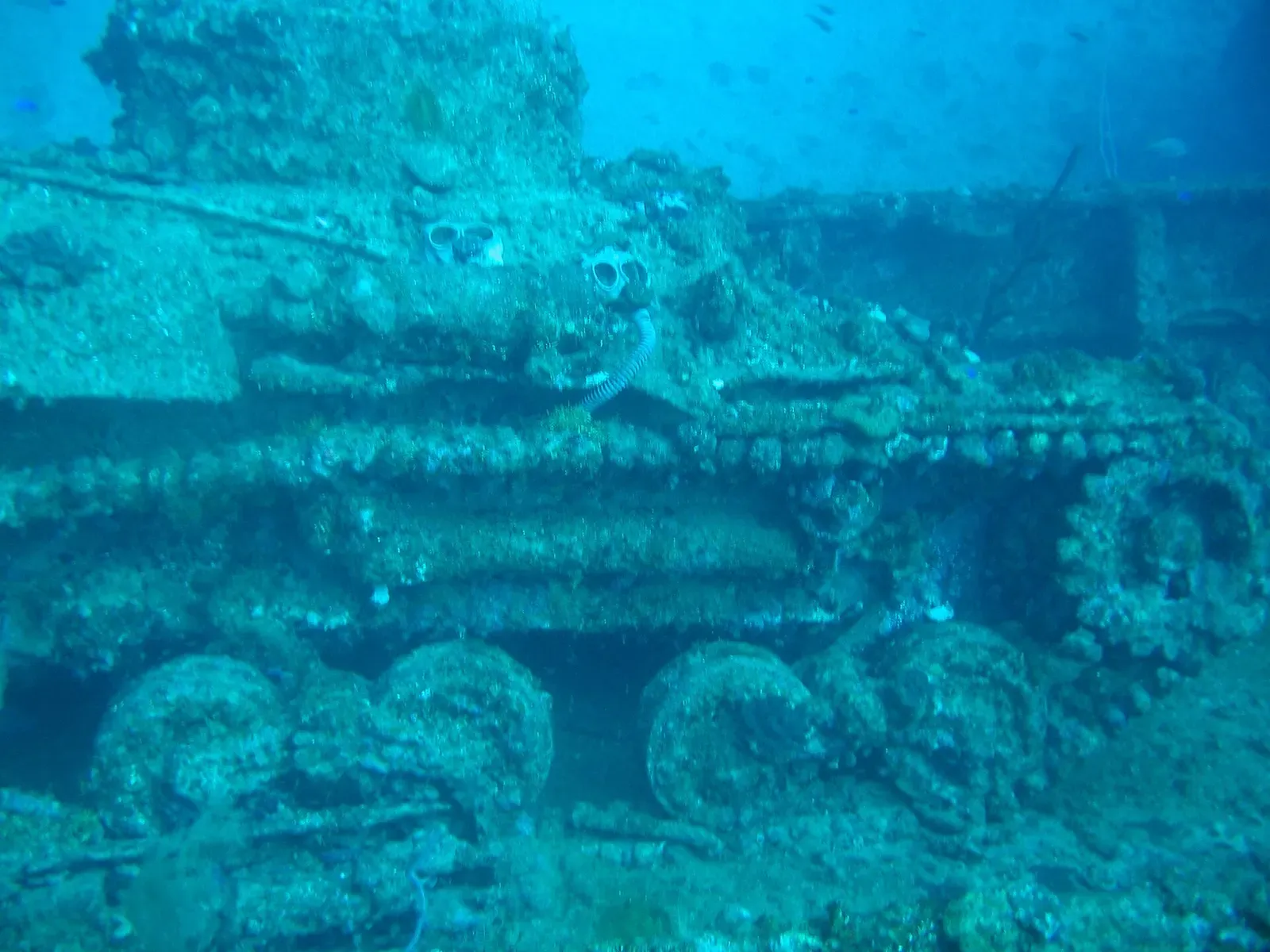 A World War II two-man tank still resting on the deck of the Nippo Maru — Chuuk Lagoon