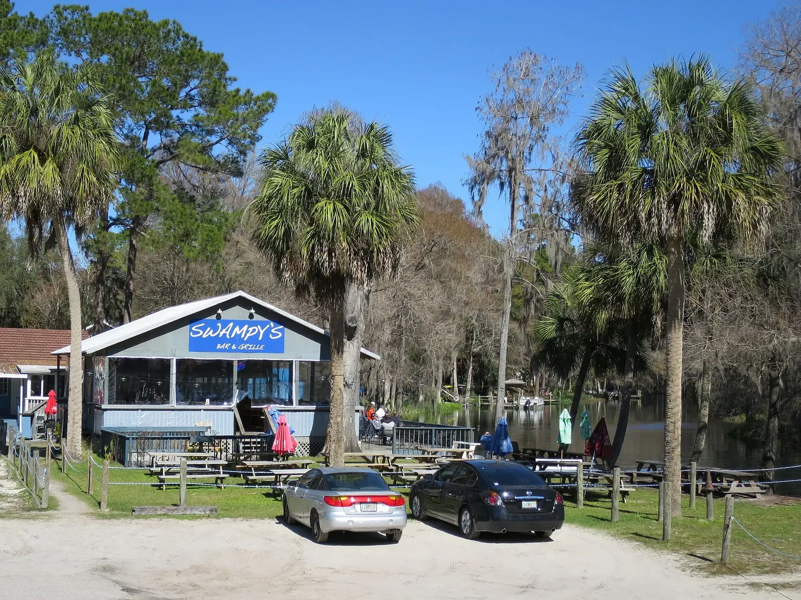 Riverside bar and grill under palm trees along the Rainbow River — Crystal River