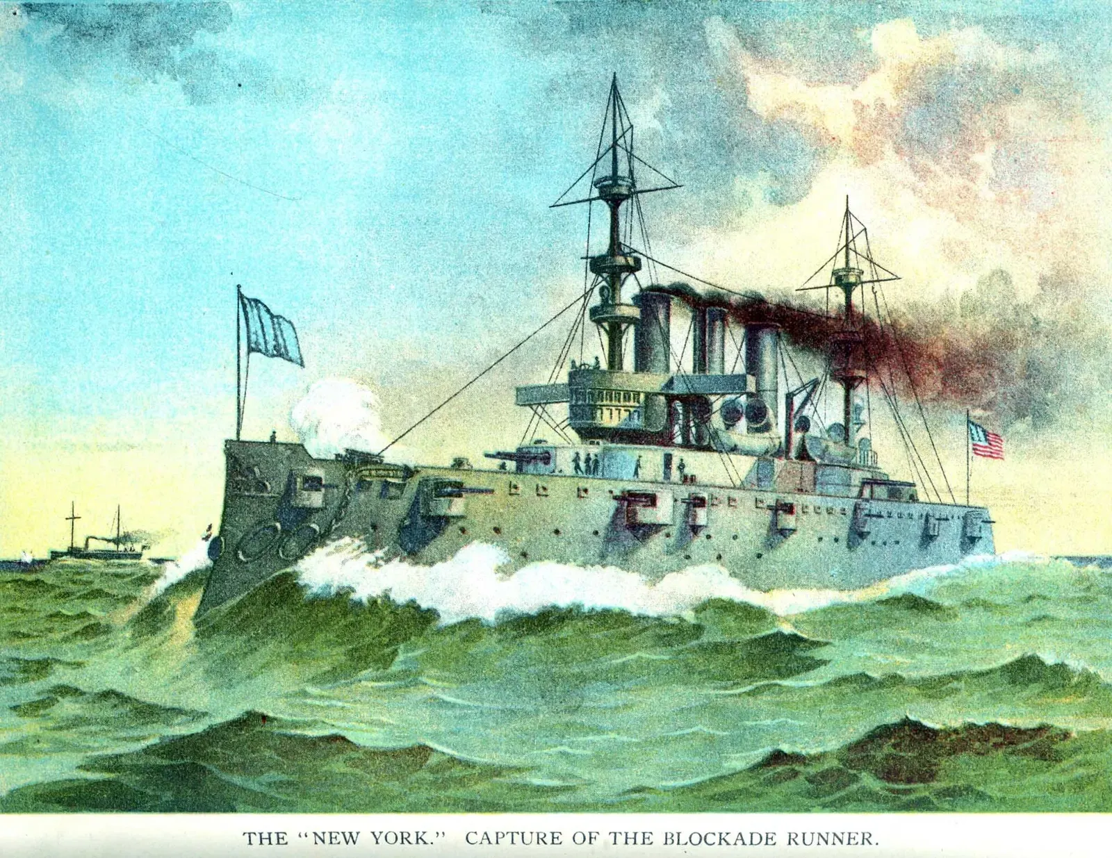 Color lithograph of the armored cruiser New York cresting waves under steam and sail, captioned Capture of the Blockade Runner