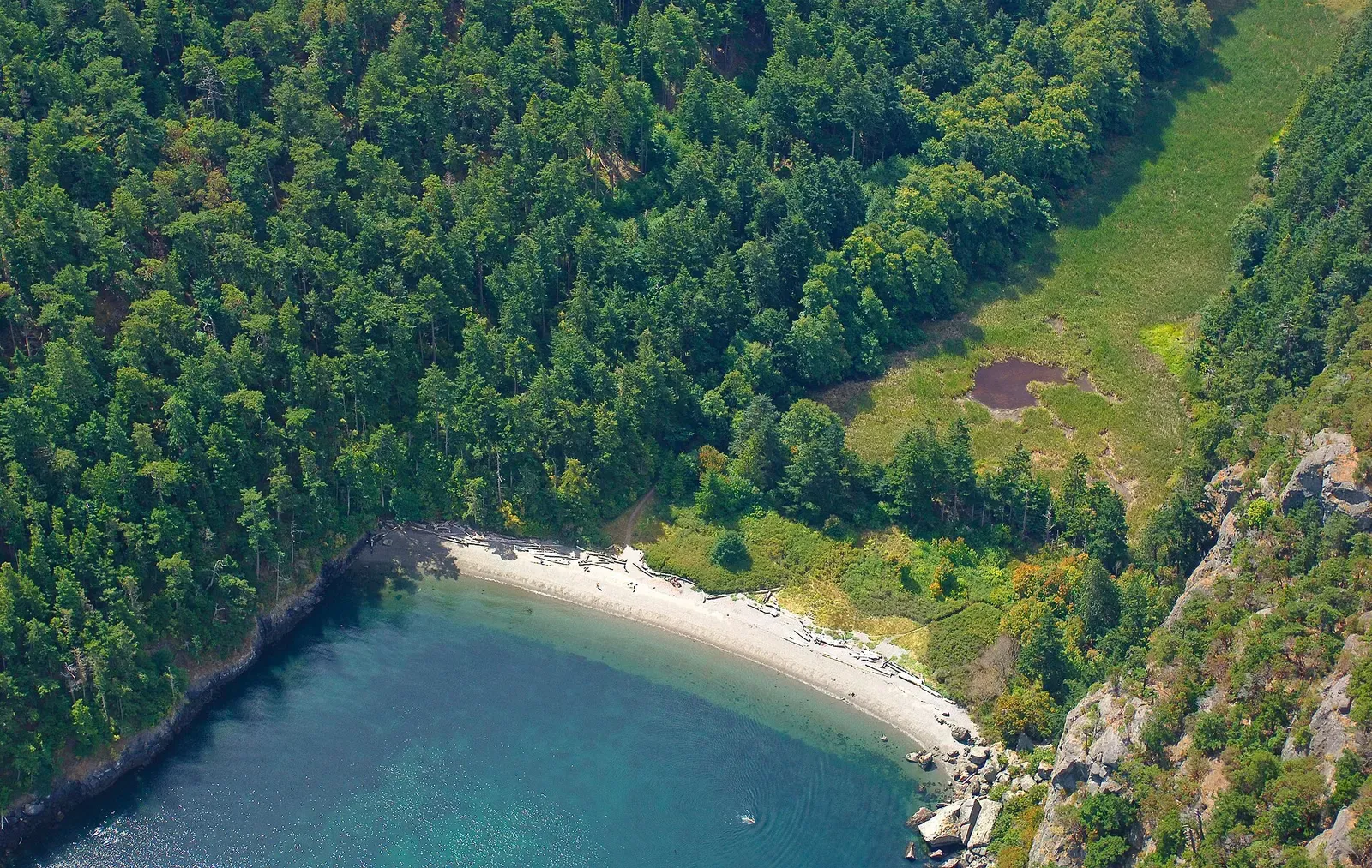 Aerial view of a pale crescent beach in a small forested cove with clear green-blue water — Davidson Rock, San Juan Islands