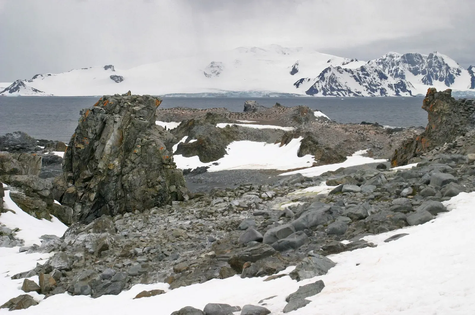 Bizarre snow-streaked rock towers along the ridge of Half Moon Island — Antarctic Peninsula
