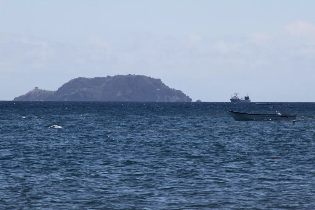 Apo Island seen across open sea from the Dauin beach, with an outrigger boat in the foreground.