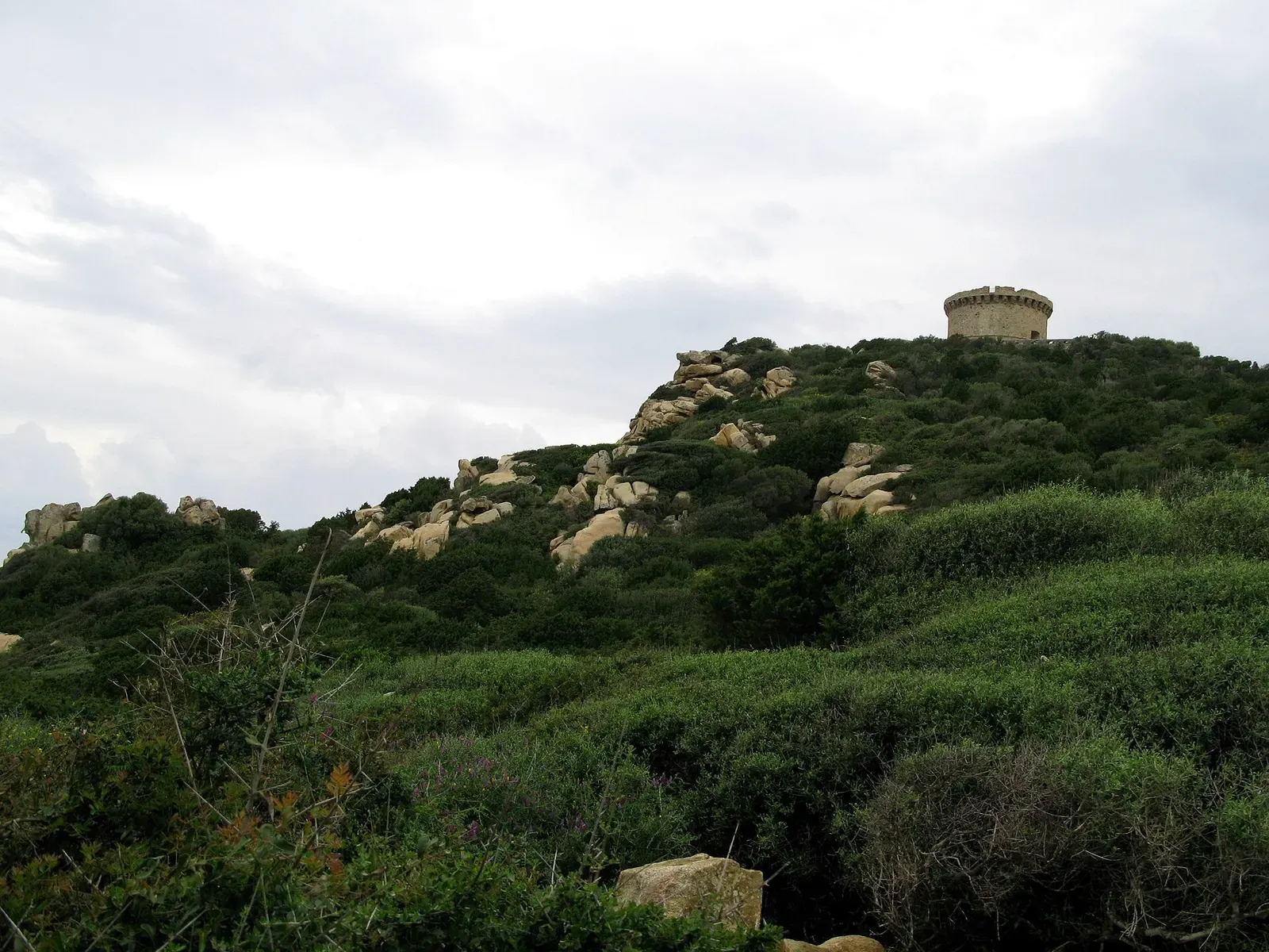 Genoese watchtower on a rocky, maquis-covered headland at Campomoro, Corsica.