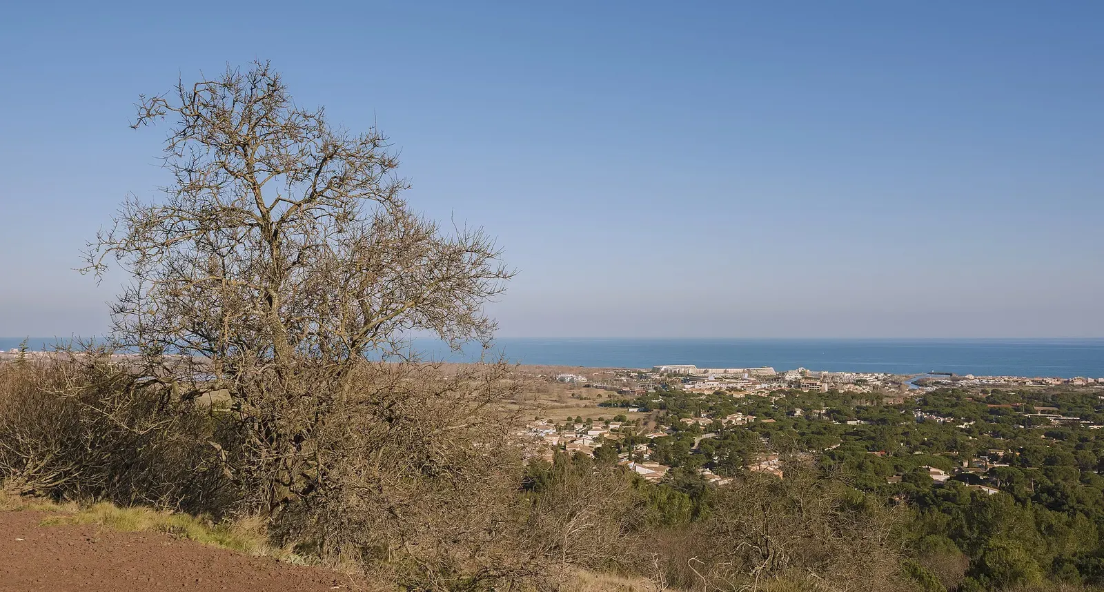 The Cap d'Agde headland and coastline seen from the extinct volcano of Mont Saint-Loup