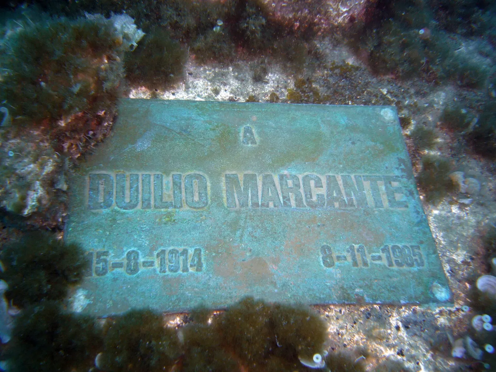 Weathered bronze memorial plate mounted on the underwater statue's base — Cristo degli Abissi, Portofino