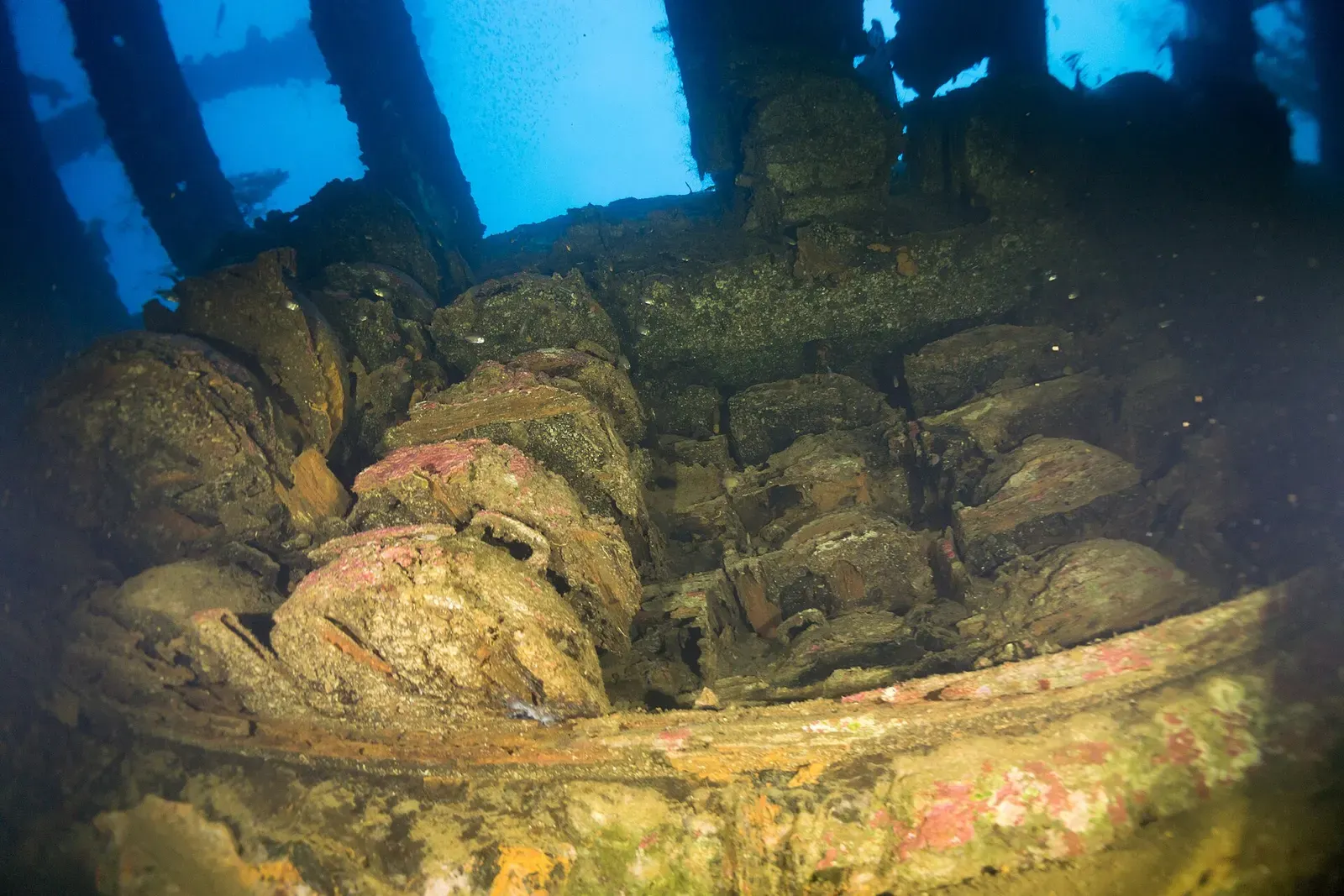 Looking up at mines stacked inside the San Francisco Maru's hold — Chuuk Lagoon