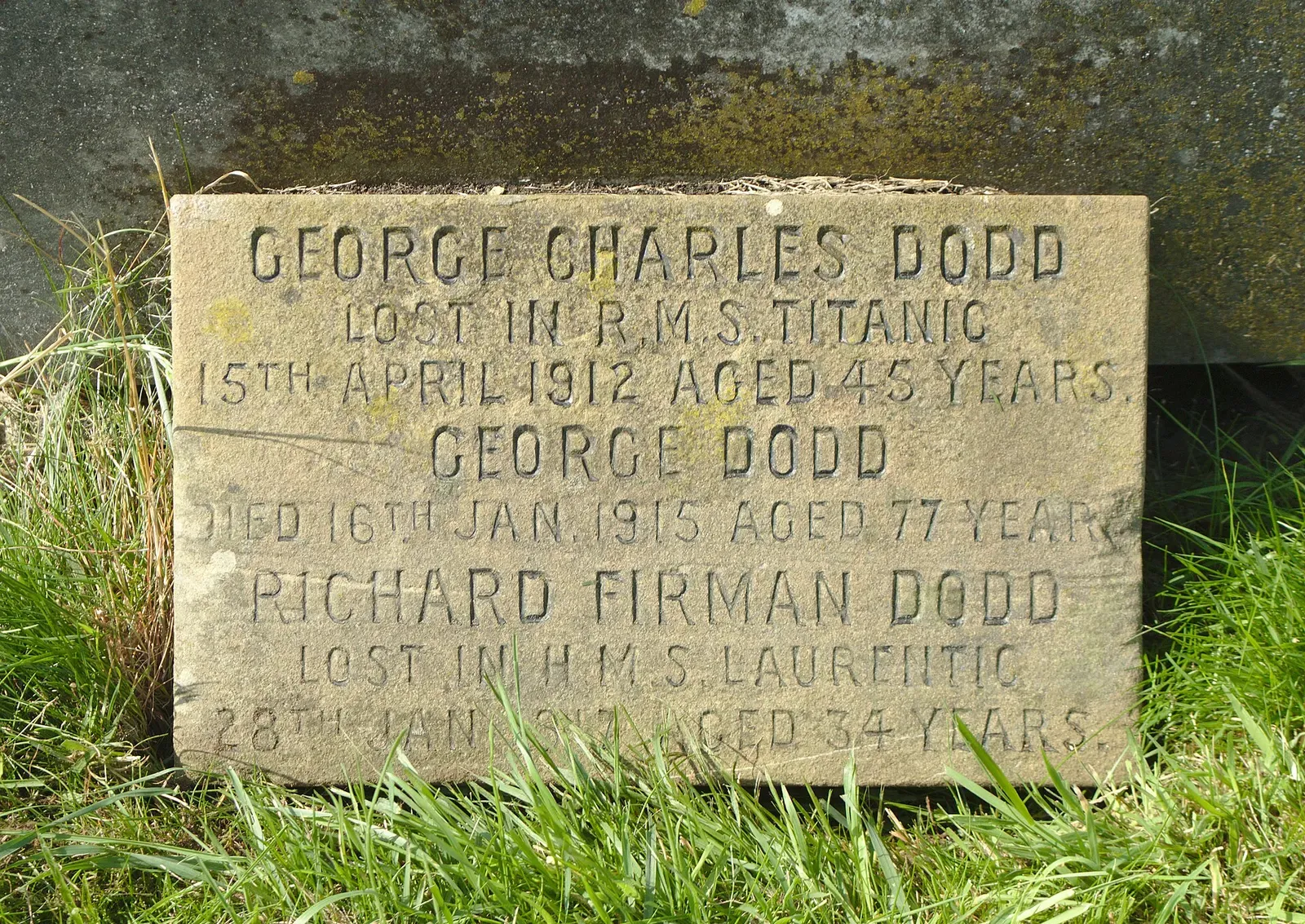 Weathered family gravestone recording a relative lost aboard HMS Laurentic in January 1917 — SS Laurentic, Malin Head.