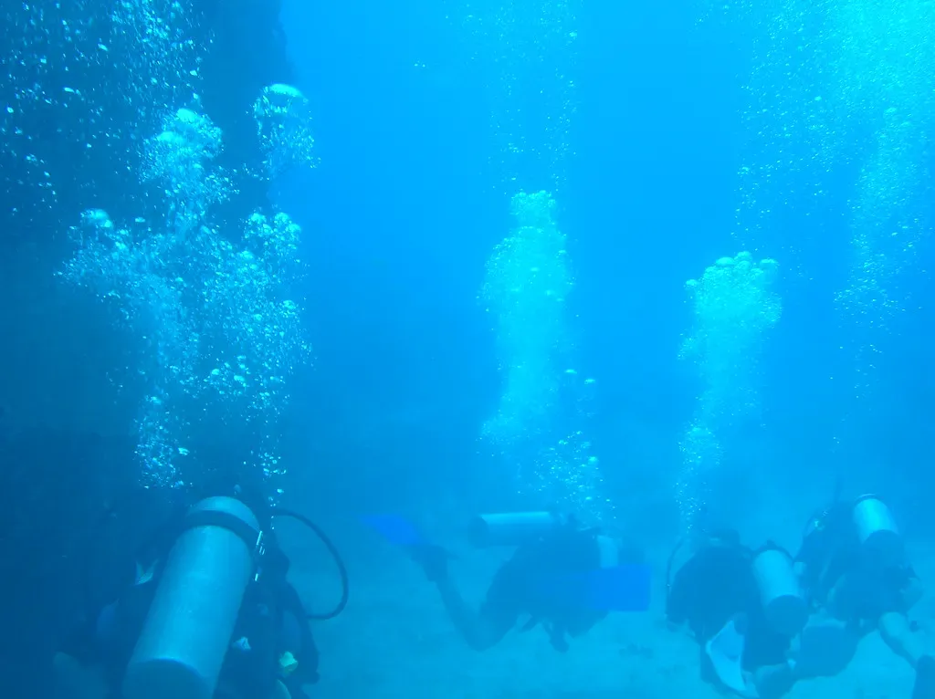Divers exhaling bubbles beside coral-covered pipework on the wreck — Halliburton Wreck, Utila