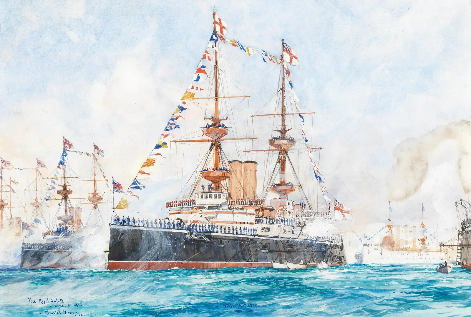 A watercolour of HMS Majestic dressed with flags at the 1897 Diamond Jubilee fleet review — Gallipoli.
