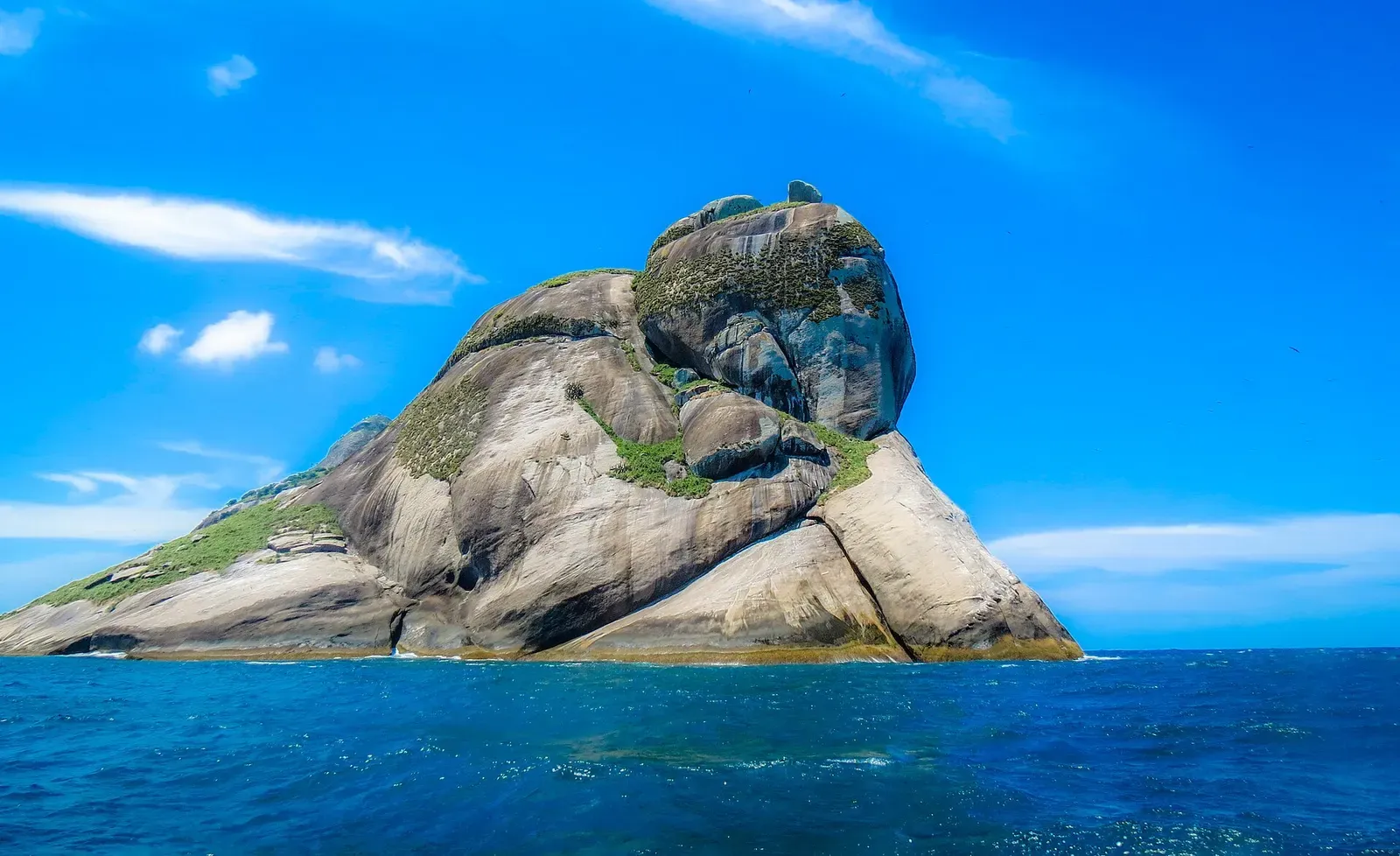 Steep rounded granite islet with patches of green vegetation rising from blue water — Alcatrazes Archipelago