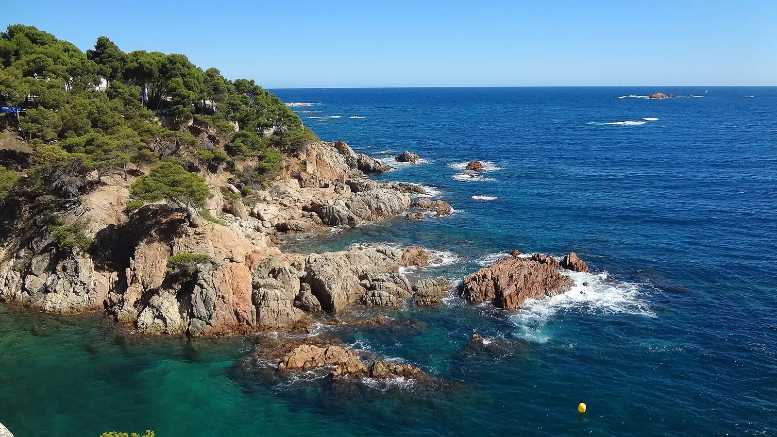 Rocky, pine-topped headland dropping to clear turquoise coves near the Formigues islets