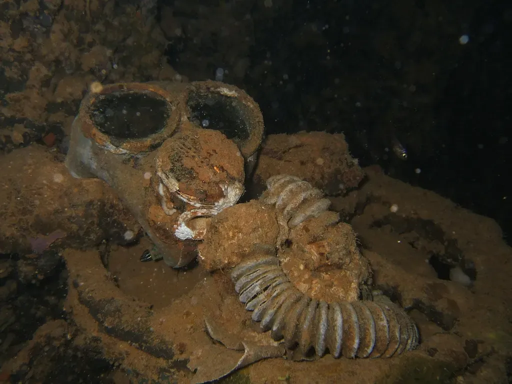 A gas mask with its corrugated hose lies in rust-brown sediment inside a wreck — Kiyosumi Maru, Chuuk Lagoon.