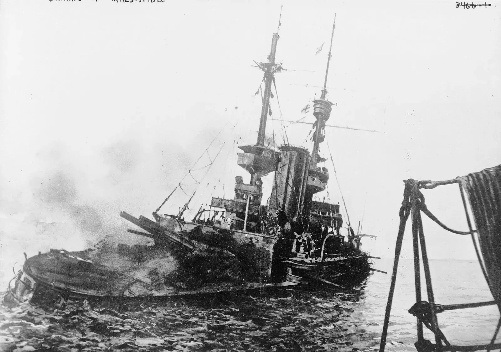 A pre-war photograph of the pre-dreadnought battleship HMS Irresistible under way — Gallipoli.